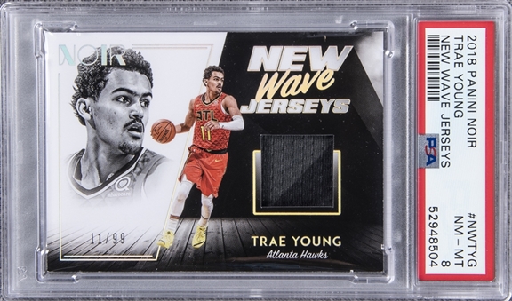 2018-19 Panini Noir New Wave Jerseys #NWTYG Trae Young Rookie Card (#11/99) - PSA NM-MT 8